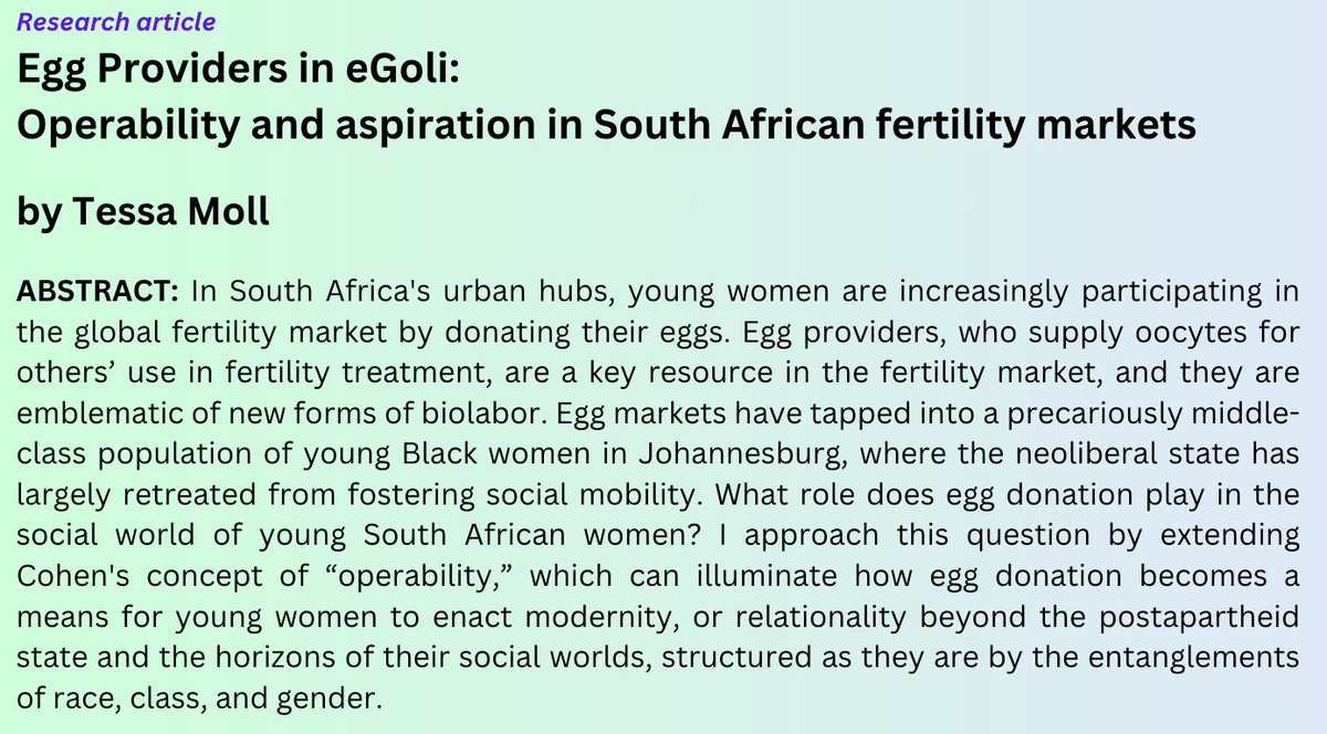 American Ethnologist (@amethno) on Twitter photo 📢📢📢 AE 51.4 - New Article Alert! 📢📢📢
Egg Providers in eGoli: Operability and aspiration in South African fertility markets
by Tessa Moll <a href="/tessamuldvarp/">Tessa Moll</a> #anthrotwitter
Find it here (Open Access!): ⬇️
americanethnologist.org/journal/ 📢📢📢 AE 51.4 - New Article Alert! 📢📢📢
Egg Providers in eGoli: Operability and aspiration in South African fertility markets
by Tessa Moll <a href="/tessamuldvarp/">Tessa Moll</a> #anthrotwitter
Find it here (Open Access!): ⬇️
americanethnologist.org/journal/