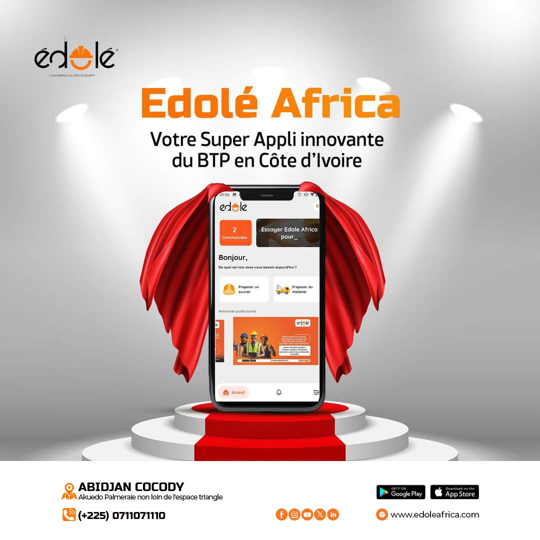 Boostez vos chantiers BTP avec EDOLE AFRICA PARTNER !

Notre application vous donne accès à une base exhaustive d'ouvriers qualifiés partout en Côte d'Ivoire. 

Téléchargez-la maintenant et réalisez vos projets avec confiance buff.ly/3Cy4cms 

☎️0711071110