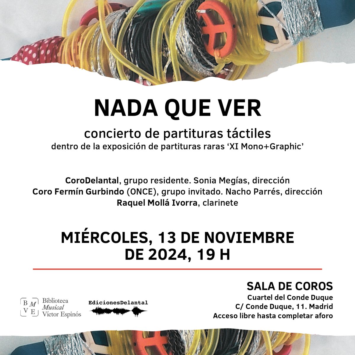 ¡Mañana miércoles 13, singular concierto, codirigido con Sonia Megias, y su maravilloso CoroDelantal y el Coro Fermín Gurbindo de la <a href="/ONCE_oficial/">ONCE</a> !
Interpretaremos partituras táctiles en la <a href="/bmusicalmadrid/">Biblioteca Musical</a>  en el Cuartel del Conde Duque de Madrid. ¡no os lo perdáis!