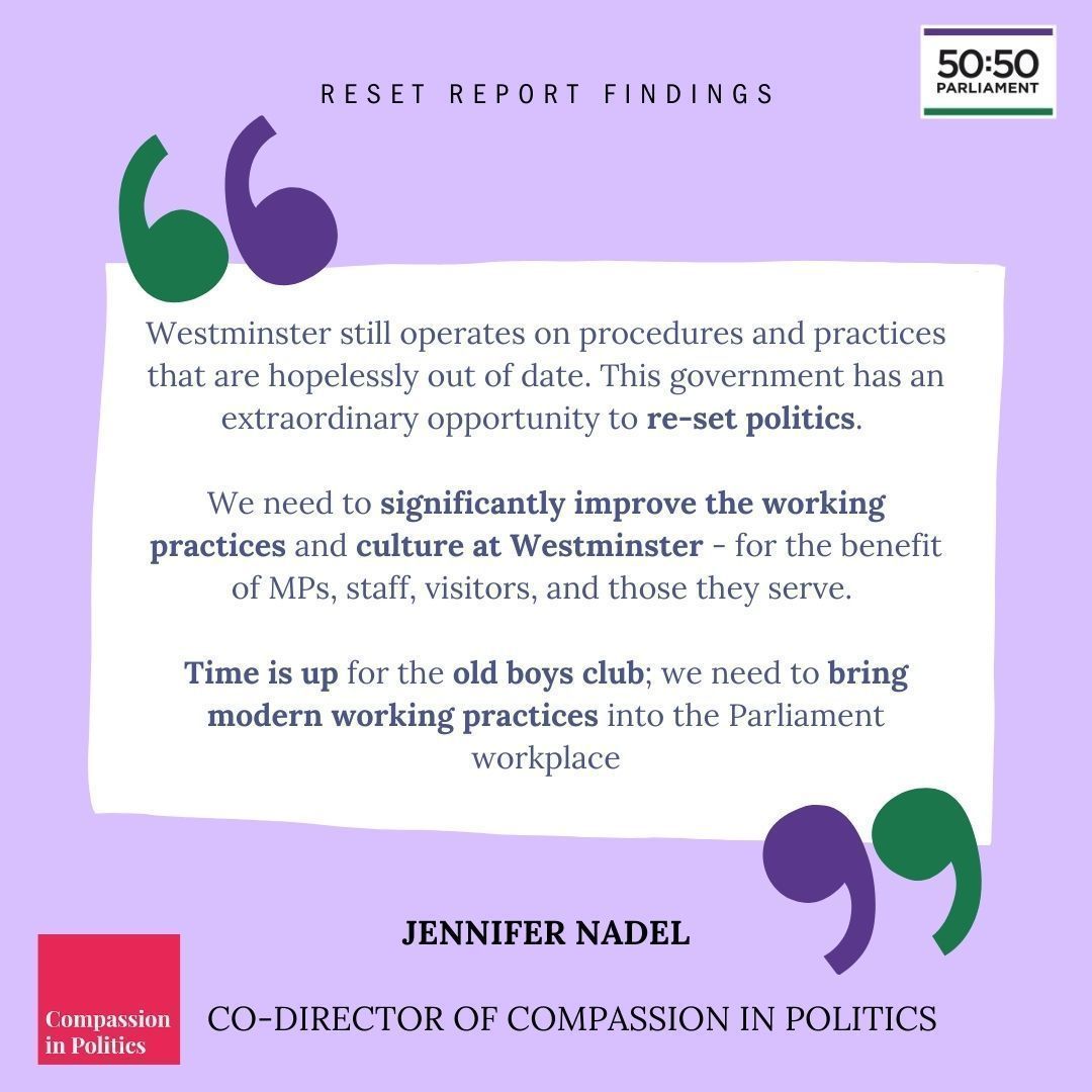 5050Parliament's tweet photo. RESET REPORT - The Headlines 🗯️

@jenniferdnadel - Co-Director @CompInPolitics

Read full report 👀 https://t.co/TMubuYcc9y 

#ResetReport #inclusivity #change @CompInPolitics @HoganLovells @ApoliticalFound https://t.co/AmgFVtCTWD