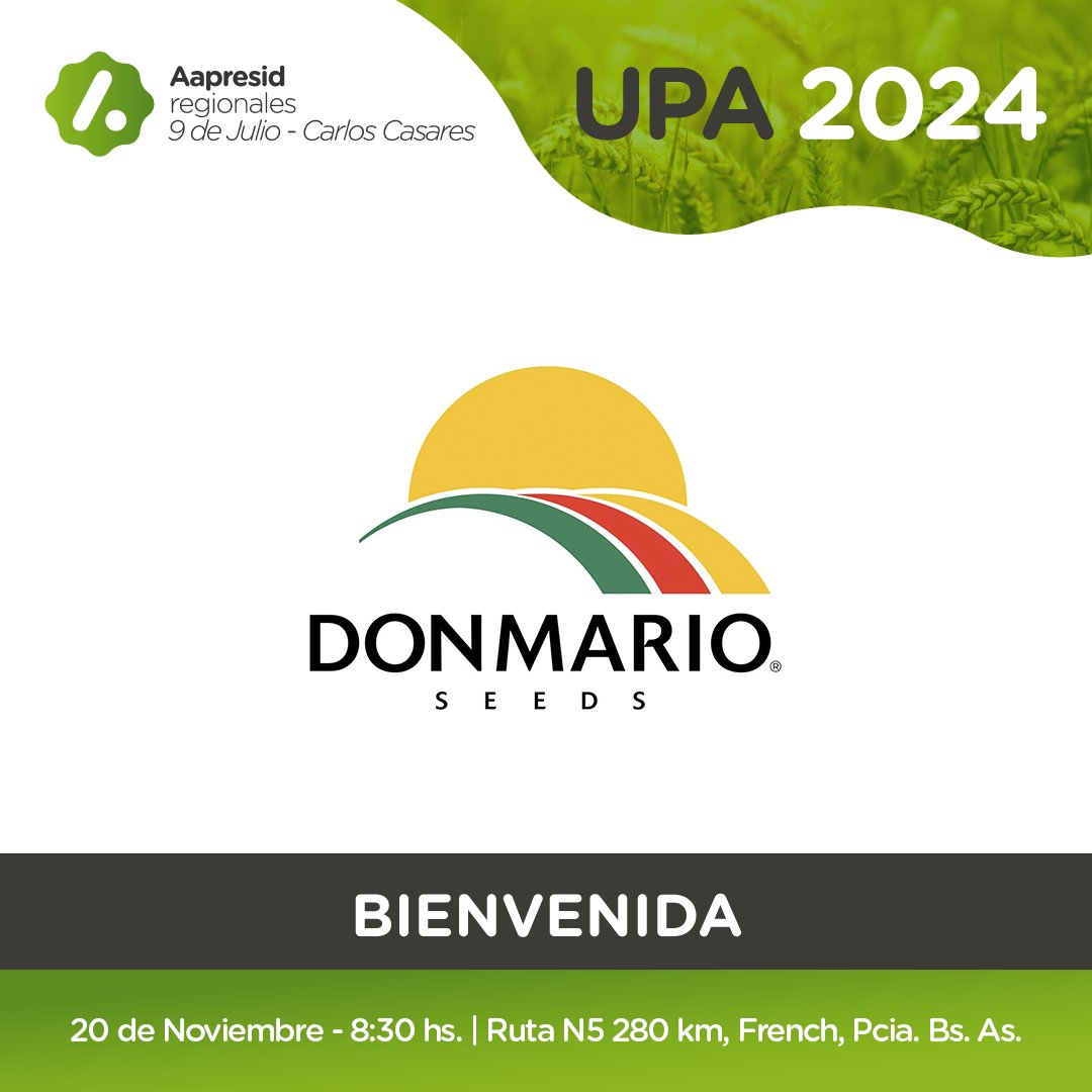 🙌 Gracias <a href="/DONMARIOoficial/">DONMARIO Semillas</a> por acompañarnos en la #JORNADAUPA2024

📆20 Nov
📍Ruta N5 280km, French, Pcia. Bs. As.
⏰8.30 hs

Ensayos
Trigo, cebada. arveja, colza, camelina, soja y maíz

Disertante: 
👤 Paulina Lescano

#Aapresid