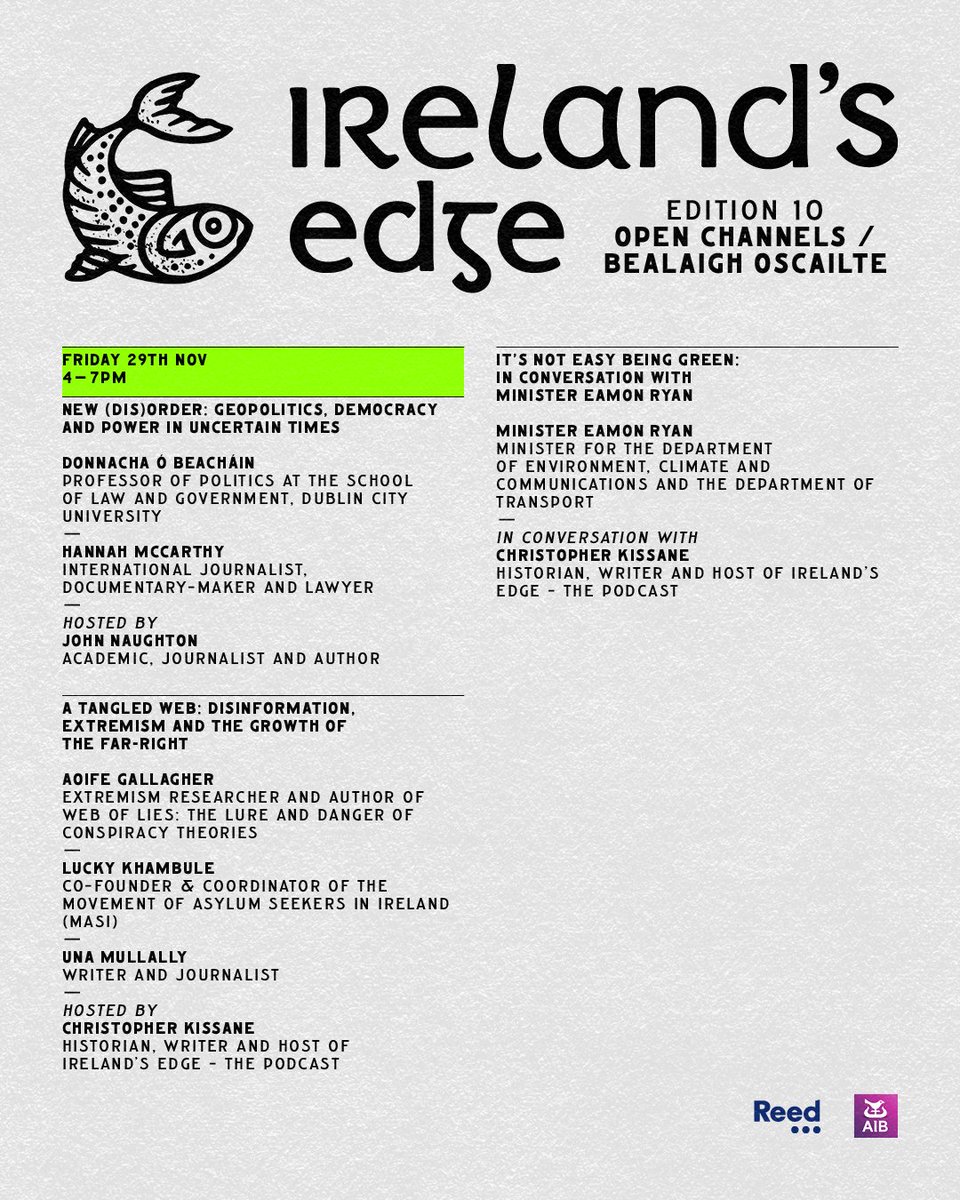 IrelandsEdge's tweet photo. We have such a compelling group of thinkers, leaders, advocates and creators lined up this November. Another special weekend in Dingle ahead. Bígí linn.

Full timetable to follow, keep an eye out here for further details. Ireland’s Edge at @othervoiceslive is supported by our partners, @aibireland and @reedglobal.