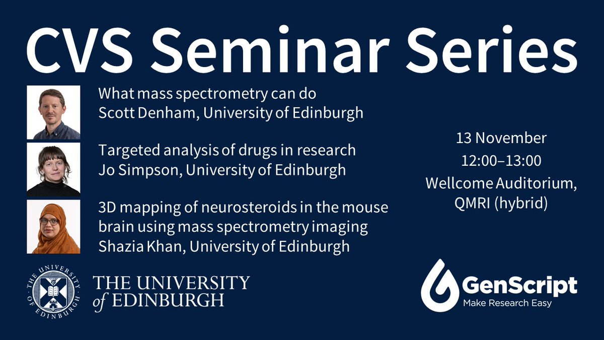 This week, join three specialists from <a href="/EdMassSpecCore/">EdUni Mass Spec Core</a> to hear three short talks on #MassSpectrometry!
🗓️ 13 November, 12:00–13:00
Wellcome Auditorium, QMRI <a href="/EdinburghBQ/">Edinburgh BioQuarter</a>
Join on Teams ➡️ edin.ac/4fgj4nY