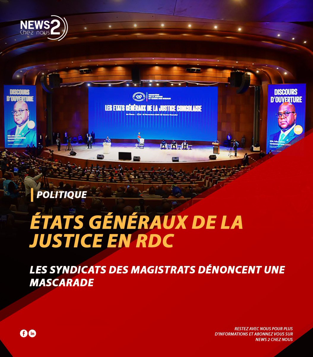 News2ChezNous's tweet photo. Les États généraux de la justice en 🇨🇩République démocratique du Congo, ouverts en grande pompe par le président 🔴Félix Tshisekedi, se sont tenus du 🗓️6 au 13 novembre 2024 à 📍Kinshasa.

Lire la suite sur https://t.co/BFohMVTgT4 https://t.co/8lbhYevPBc