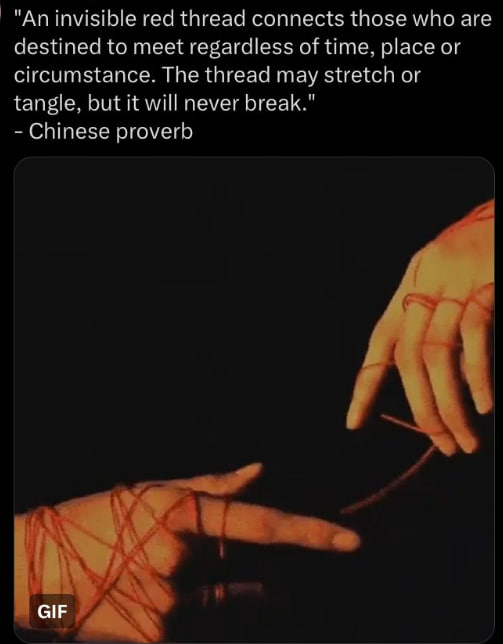 geraldpurgay's tweet photo. An invisible red thread connects those who are destined to meet regardless of time, place or circumstance. 
The thread may stretch or tangle, but it will never break. https://t.co/w42ioiA4oh