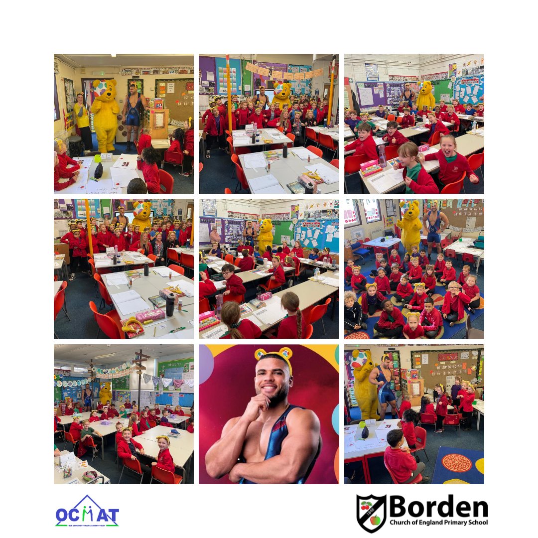OCMATtrust's tweet photo. We couldn't resist sharing just a few more photos with you from Borden CE Primary School.

This morning's visit from BBC Gladiators 'Steel' and Pudsey Bear. #ChildrenInNeed #MakingMemories #OCMAT https://t.co/Q9FmMwXsVq