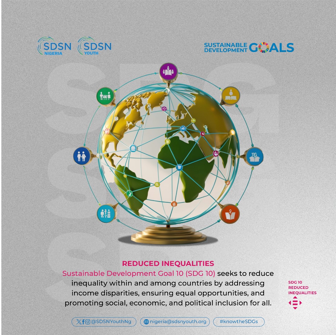 SDSNYouthNG's tweet photo. Inequality affects us all, from social and economic divides to disparities based on gender, age, or location.
SDG 10 focuses on creating a world where opportunities, resources, and rights are accessible to everyone, regardless of background, income, or ability.
#KnowtheSDGs https://t.co/afMV4Mbm0w