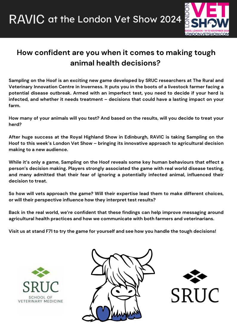 RAVICInverness's tweet photo. @SRUC's team @RAVICInverness will be at this week's London @VetShow with our new game on disease outbreak decision-making. After proving very popular with farmers at the RHS in Edinburgh, we're now keen to find out how vets might play 'Sampling on the Hoof'.  Visit us @ stand F71 https://t.co/oVWWC7vWdT