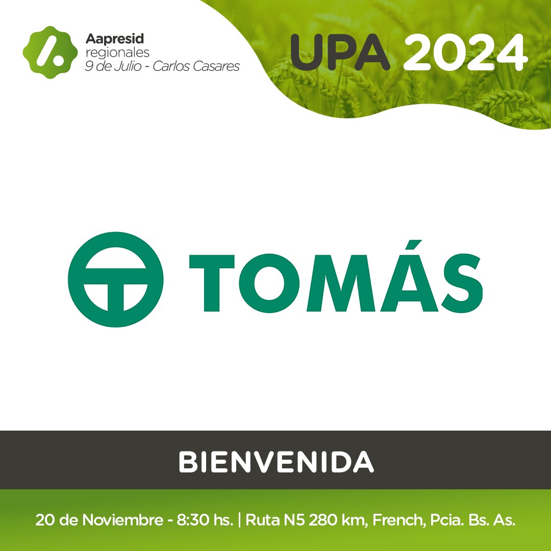 🙌 Gracias <a href="/TomasHnos/">TOMÁS HNOS</a> por acompañarnos en la #JORNADAUPA2024

📆20 Nov
📍Ruta N5 280km, French, Pcia. Bs. As.
⏰8.30 hs

Ensayos
Trigo, cebada. arveja, colza, camelina, soja y maíz

Disertante: 
👤 Paulina Lescano

#Aapresid