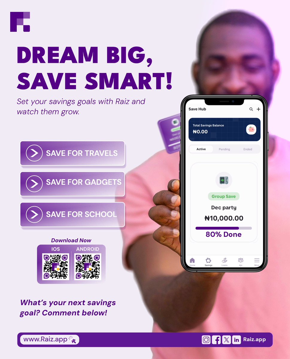 RaizFinance's tweet image. Whatever your goal may be, Raiz can help you save towards it. Be it rent, education, celebrations, or a new car, we’re here to support your savings journey. What are you planning to save for?👇🏾 
#targetsave 
#financialgoals 
#raizapp
