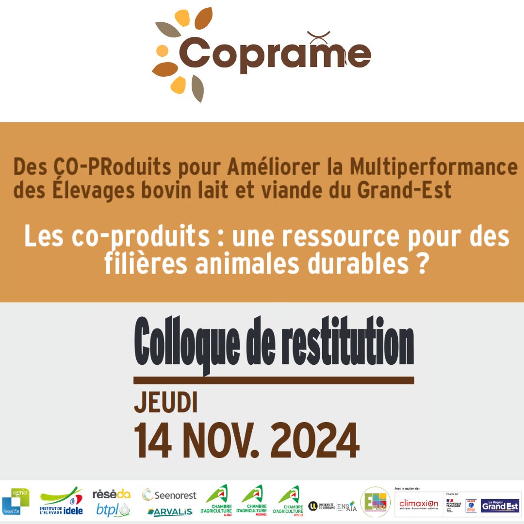 InstitutElevage's tweet image. [ J-2 📅 - Séminaire de clôture du projet #Coprame ]

📅 RDV le 14 novembre

✅ Présentation des résultats &amp;amp; échanges autour des co-produits

L'occasion d'en savoir plus sur :

👉 Les plus-values des #coproduits pour les #éleveurs de bovins 🐄🐂 à proximité des industries