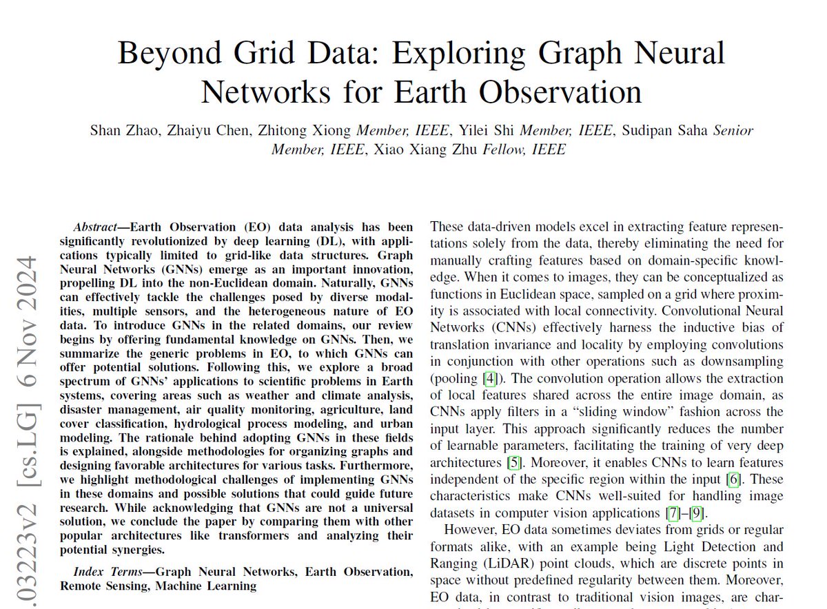 xiaoxiang_zhu's tweet photo. Our latest paper, "Beyond Grid Data: Exploring Graph Neural Networks for Earth Observation" @IEEE_GRSS #GRSM! 🌍 How #GNNs revolutionize #EO applications like weather forecasting, disaster management, and climate analysis?
Link: https://t.co/EPC9kCLUxx
#AI #GNNs #ClimateTech https://t.co/uIUj8bMWzU
