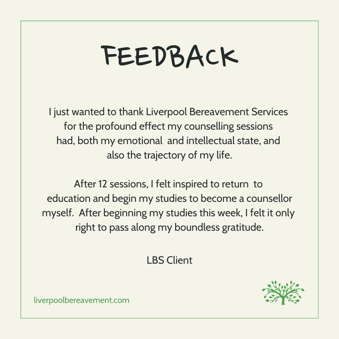 “Liverpool Bereavement Services profoundly changed my life. After 12 sessions, I was inspired to pursue counselling myself.” - Stories like this remind us why our work matters. We’re here for you, every step of the way. 🩵 #LBSFeedback #GriefSupport #LifeChanging