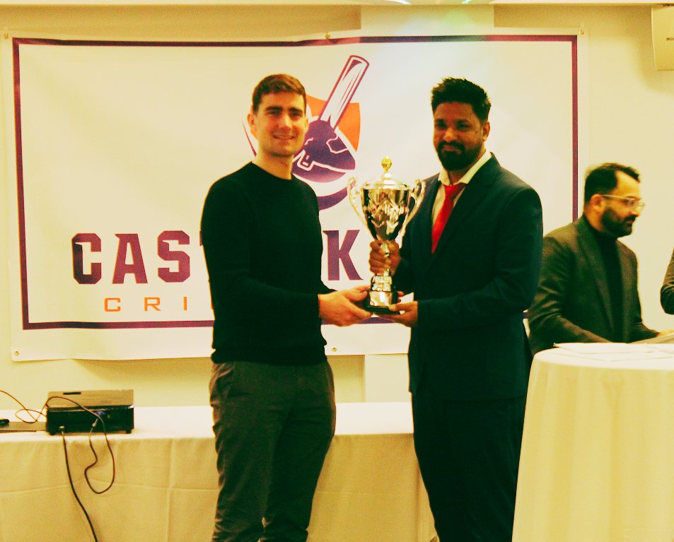 Minister for Finance Jack Chambers giving CL Div6 Championship trophy to captain Yaz Munir at Castleknock Cricket Club 2024 Annual Awards Function , its back to back league winning for CCC top team