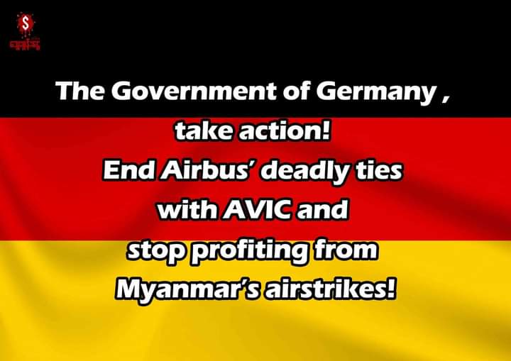 aboutadoreu's tweet photo. The Government of Germany must use its 10.8% stake and leverage in Airbus to stop AVIC’s
involvement in Myanmar’s military violence. Stand up for human rights.

#AirBus2AirStrikes #Airbusted #BusinessAndHumanRights #WarCrimes #WhatsHappeninglnMyanmar #BloodMoneyCampaignMM https://t.co/nx8hjCek6h