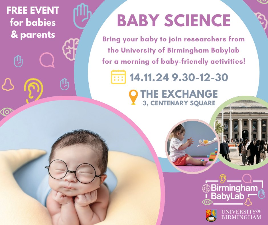 Birmingham BabyLab (@bbabylab) on Twitter photo ✨invitation to a free parent & baby event coming up this Thursday 14 Nov 👉Hi Birmingham, the BabyLab is holding an exciting free event for you and your baby or toddler in the Birmingham city centre. Find more in this 🧵
<a href="/UoB_SoP/">School of Psychology, University of Birmingham</a> <a href="/LES_UniBham/">College of Life and Environmental Sciences</a> <a href="/news_ub/">UniBirmingham News</a> <a href="/TheCHBH/">The Centre for Human Brain Health</a> <a href="/UoB_CDS/">UoB Centre for Developmental Science</a> ✨invitation to a free parent & baby event coming up this Thursday 14 Nov 👉Hi Birmingham, the BabyLab is holding an exciting free event for you and your baby or toddler in the Birmingham city centre. Find more in this 🧵
<a href="/UoB_SoP/">School of Psychology, University of Birmingham</a> <a href="/LES_UniBham/">College of Life and Environmental Sciences</a> <a href="/news_ub/">UniBirmingham News</a> <a href="/TheCHBH/">The Centre for Human Brain Health</a> <a href="/UoB_CDS/">UoB Centre for Developmental Science</a>