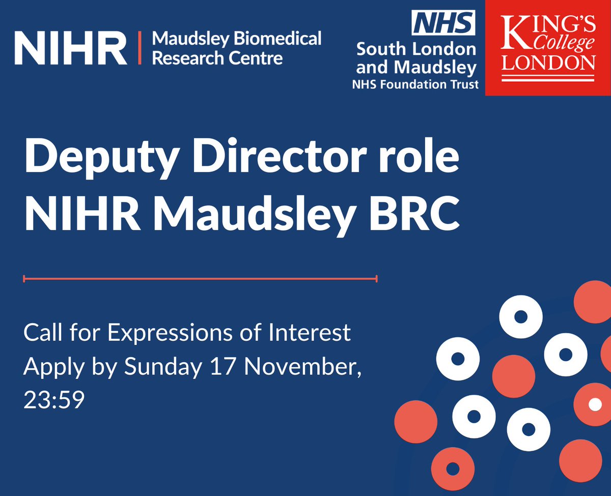 Call for expressions of interest - Deputy Director of NIHR Maudsley BRC

The role holder will support our Director in delivering the scientific strategy of the fourth funding award and planning for renewal.

Deadline: Sunday 17 November, 23:59
➡️maudsleybrc.nihr.ac.uk/about-us/job-o…