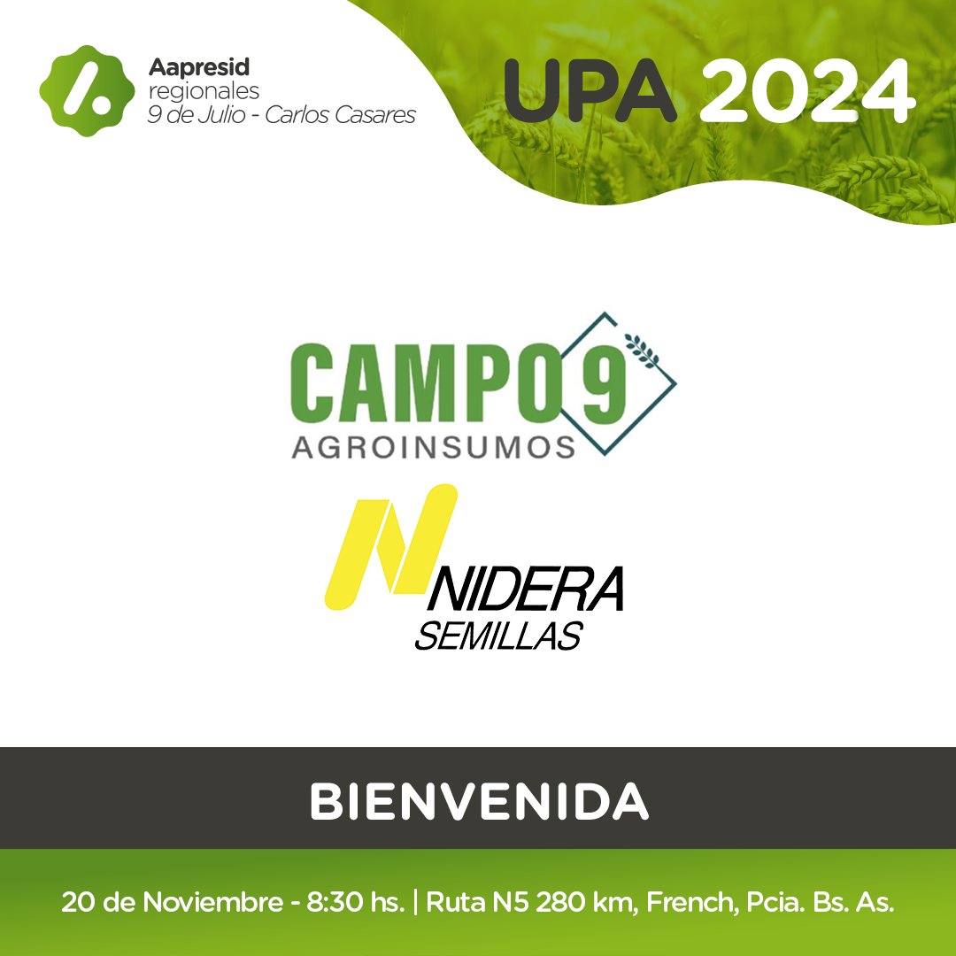 🙌 Gracias Campo 9 por acompañarnos en la #JORNADAUPA2024

📆20 Nov
📍Ruta N5 280km, French, Pcia. Bs. As.
⏰8.30 hs

Ensayos
Trigo, cebada. arveja, colza, camelina, soja y maíz

Disertante: 
👤 Paulina Lescano

#Aapresid