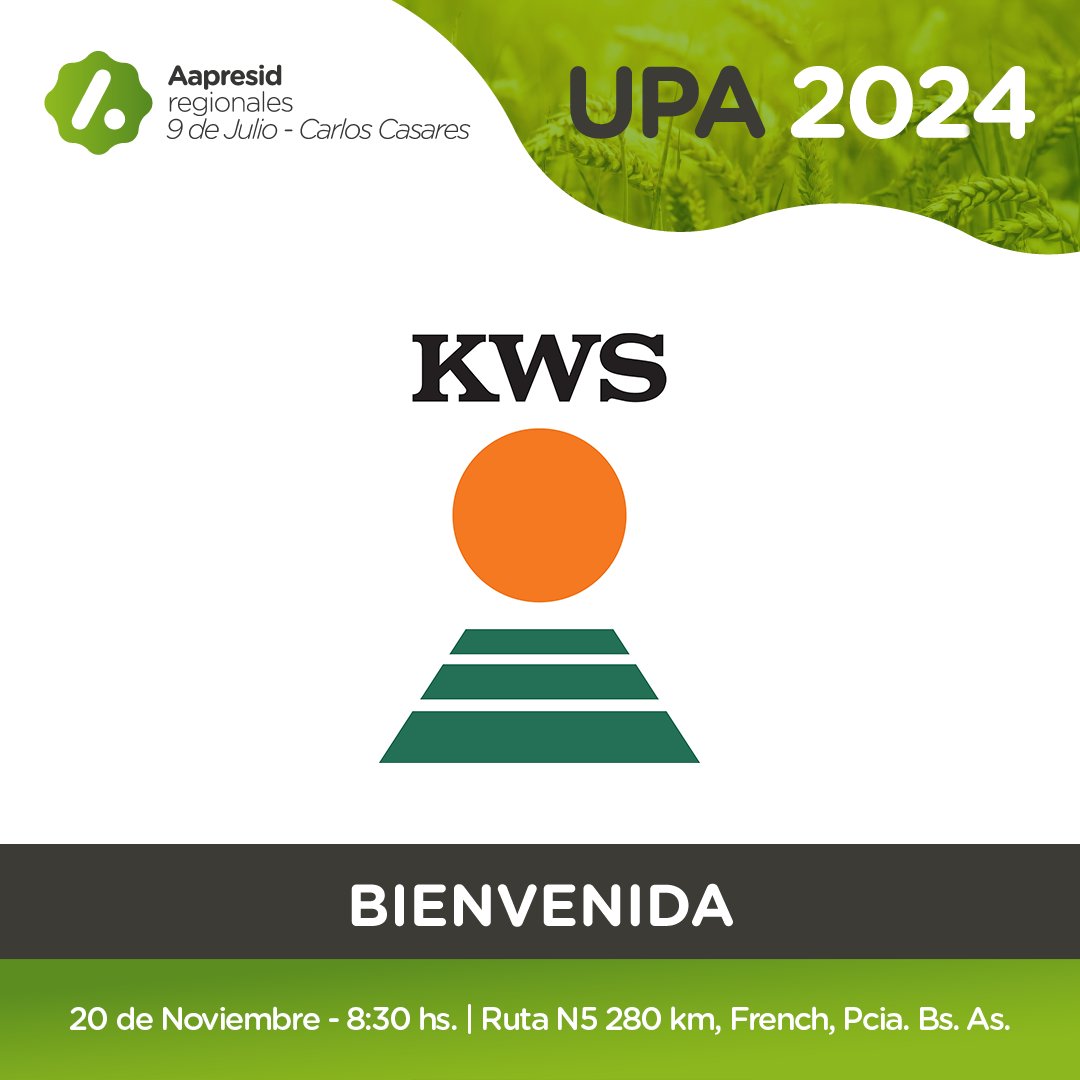 🙌 Gracias @KWSarg por acompañarnos en la #JORNADAUPA2024

📆20 Nov
📍Ruta N5 280km, French, Pcia. Bs. As.
⏰8.30 hs

Ensayos
Trigo, cebada. arveja, colza, camelina, soja y maíz

Disertante: 
👤 Paulina Lescano

#Aapresid