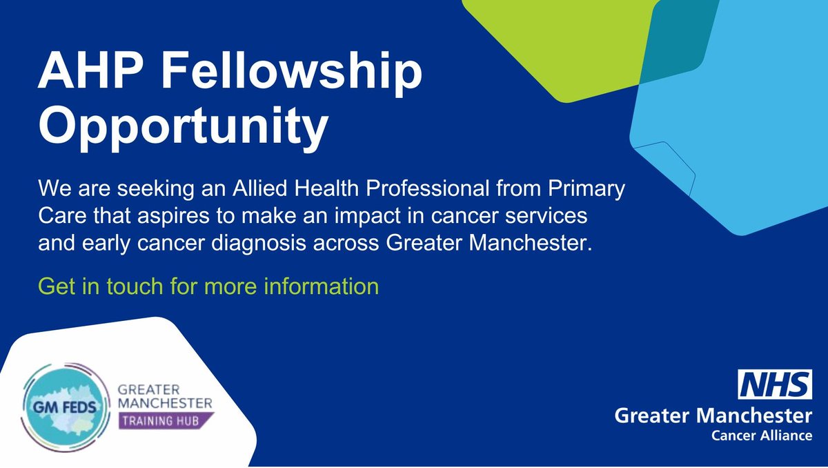 Calling all AHPS 📣

We are pleased to announce that the <a href="/GM_Cancer/">Greater Manchester Cancer Alliance</a> Alliance are seeking an AHP Fellow, to improve cancer care education within Primary Care.

Please contact 👉 Samina.Asif1@nhs.net for more information

#AHP #PrimaryCare