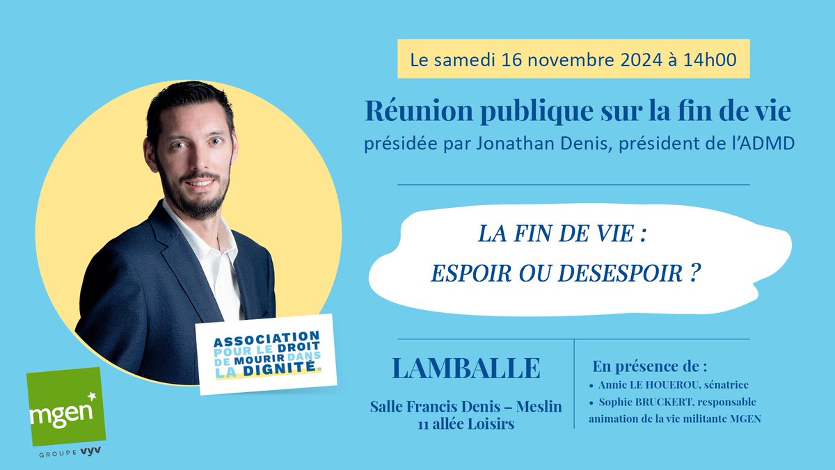 Réunion Débat #findevie #AideActiveaMourir #soinspalliatifs avec ⁦<a href="/JonathanDenis/">Jonathan Denis</a>⁩ ⁦<a href="/LeHouerouA/">Annie LE HOUEROU</a>⁩ @Mgen ⁦<a href="/LamballeArmor/">Lamballe-Armor</a>⁩ le 16 novembre 14h