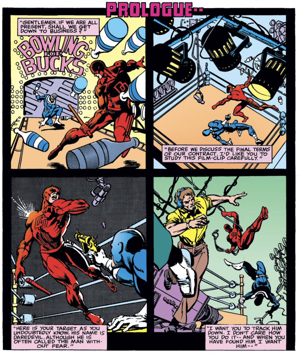 The first page of Frank Miller's second Daredevil issue, #159 (1979).

PANEL ONE: look at how cool the hero looks. The action is dynamic. The story is clear and captured at the peak of action. No extraneous elements.

PANEL TWO: Dynamic. Exciting. Clear. In particular, the way