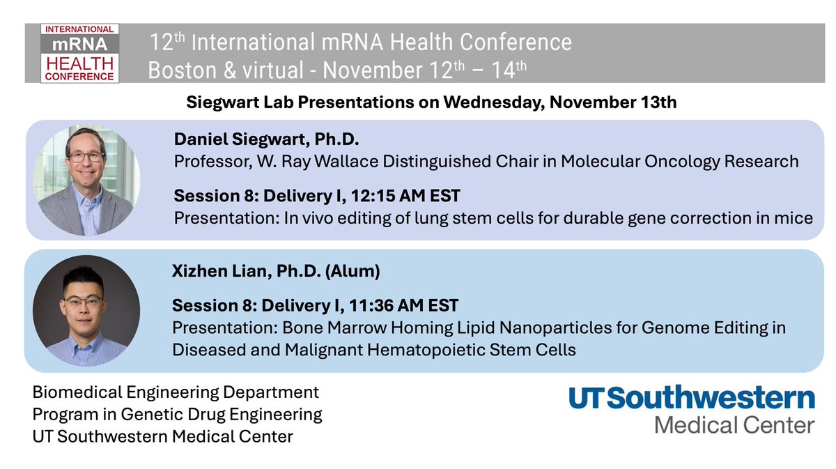 GDE_UTSW's tweet photo. Excited to be in Boston for the @mrnaconference ! Tomorrow, Dan @DJSiegwart and alum @LianXizhen will present our works on in vivo lung stem cell correction in mice, as well as bone marrow-homing LNPs for gene editing in hematopoietic stem cells. Looking forward to sharing! 🧬 https://t.co/cEkSFlYyK8