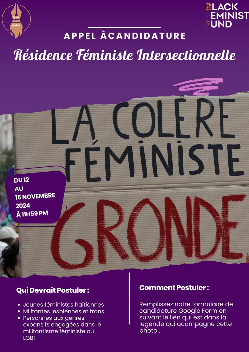 🌟🏳️‍🌈 Postulez pour notre Résidence Féministe Intersectionnelle en Haïti . Remplissez le formulaire ici ➡️ docs.google.com/forms/d/e/1FAI… Date limite : 15 novembre 2024, 11h59 (heure locale d'Haïti). Ne tardez pas! #Féminisme #Haïti