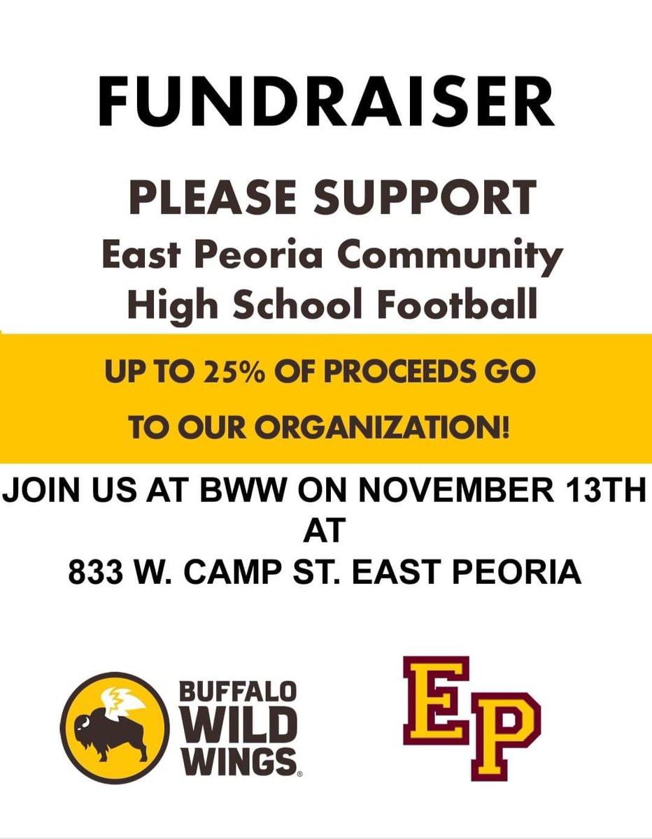 🚨 ALL RAIDER FAMILIES AND SUPPORTERS 🚨

This Wednesday, Nov. 13th, we are doing a fundraiser with Buffalo Wild Wings in East Peoria! 

Tell your friends and family to stop in tomorrow, let’s all go have a great evening and a great meal! #CreateTheCulture