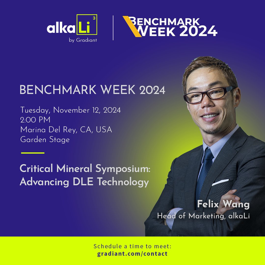 Gradiant_Corp's tweet image. Join Gradiant at #BenchmarkWeek!

Don&apos;t miss the panel “Critical Mineral Symposium: Advancing DLE Technology&quot; on Nov 12 at 2:00 PM, as Felix Wang discusses how AlkaLi, the world&apos;s most efficient, battery-grade lithium production process can rapidly scale #lithiumproduction.