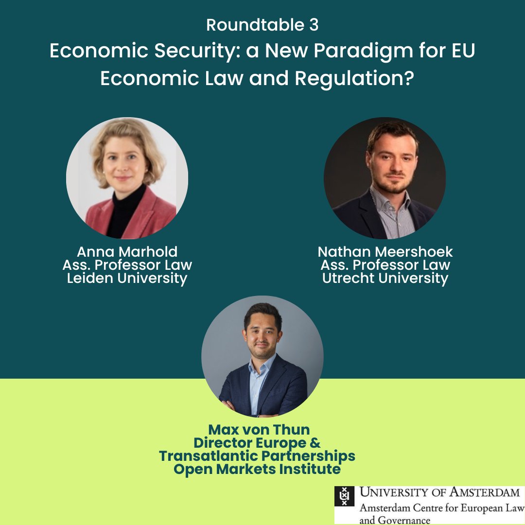Amsterdam Centre for European Law and Governance (@acelg_uva) on Twitter photo Threats and Awakening? How Geopolitics & Security Change the EU and its Law, 28-29 November.
Our 3rd roundtable asks whether economic security is the right paradigm for the new challenges the EU faces?
With <a href="/Dr_Marhold/">Anna Marhold, PhD</a>, Nathan Meershoek & <a href="/maxvonthun/">Max von Thun</a>.
acelg.uva.nl/content/events… Threats and Awakening? How Geopolitics & Security Change the EU and its Law, 28-29 November.
Our 3rd roundtable asks whether economic security is the right paradigm for the new challenges the EU faces?
With <a href="/Dr_Marhold/">Anna Marhold, PhD</a>, Nathan Meershoek & <a href="/maxvonthun/">Max von Thun</a>.
acelg.uva.nl/content/events…