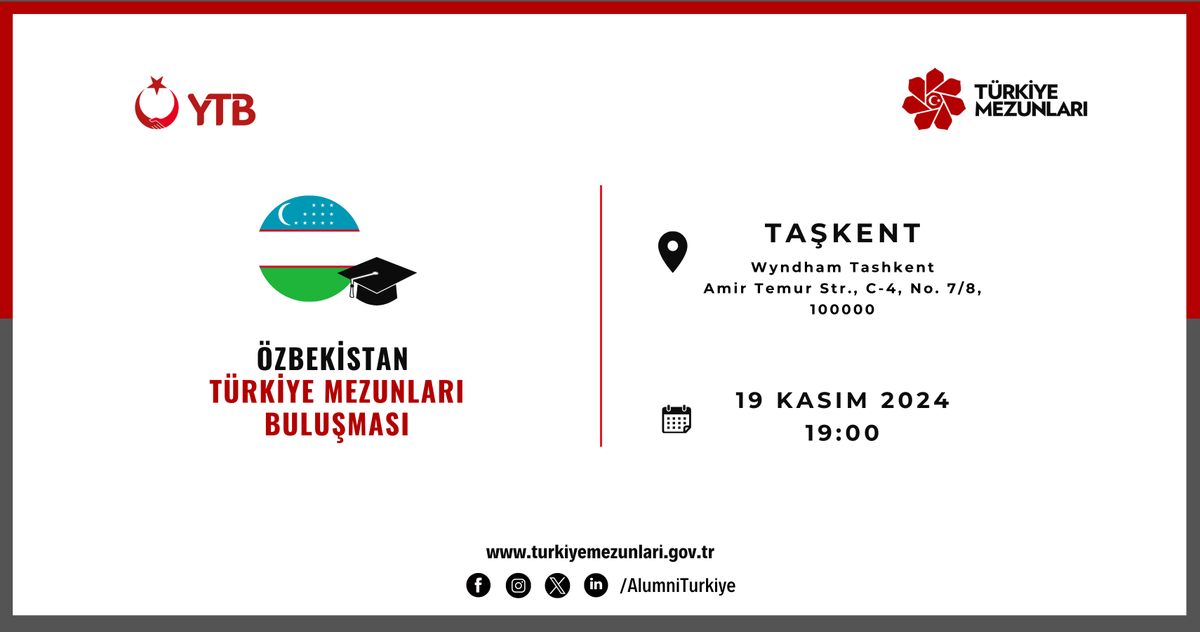 Özbekistanlı Türkiye Mezunları #Taşkent'te buluşuyor❗

🗓️19.11.2024

🕖19.00

📍Wyndham Tashkent / Amir Temur Str., C-4, No. 7/8, 100000

Programa katılmak için 👉 forms.office.com/pages/response…