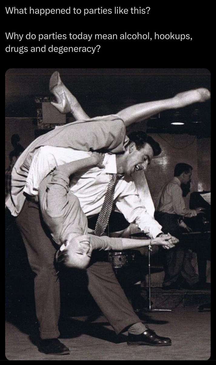 Every day the dumbest / most disingenuous trad accounts will invent some new version of history to mythologize.

People have been getting hammered and hooking up forever. 

Extra funny to do this with a picture of people swing dancing - notoriously uncontroversial.