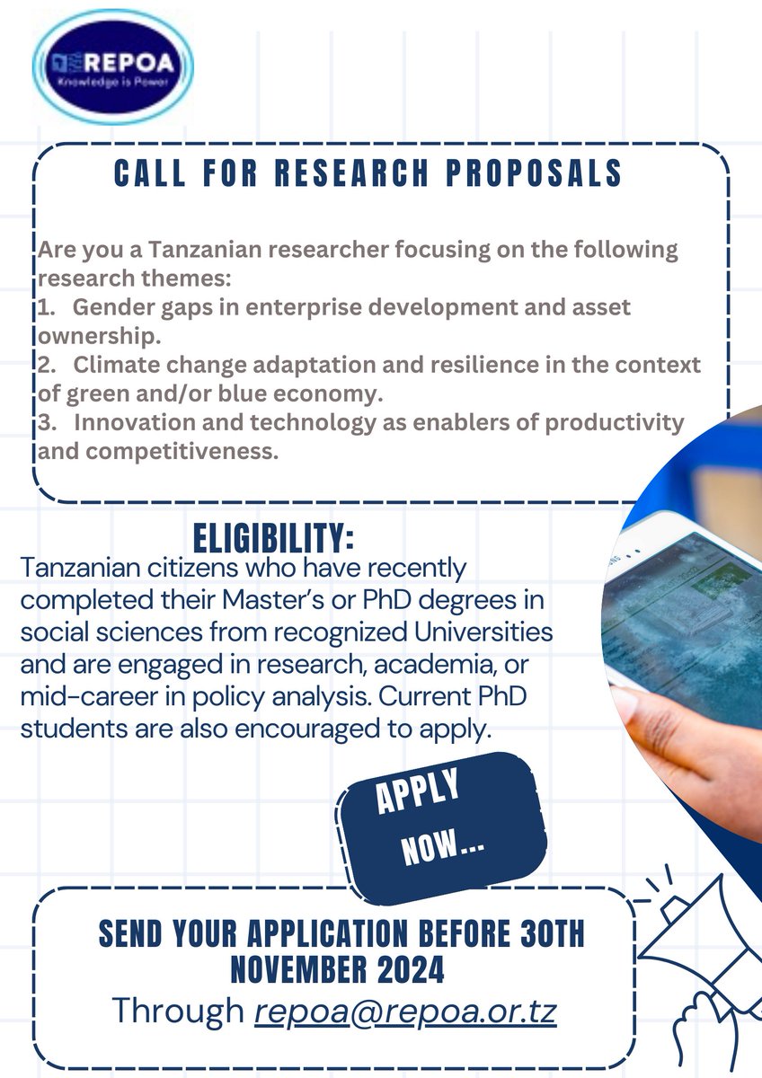 REPOA's tweet photo. Here is an opportunity…!

Head to our website to READ the full details⏬
https://t.co/XcHHmZsTqI https://t.co/37TM3ZLwwG