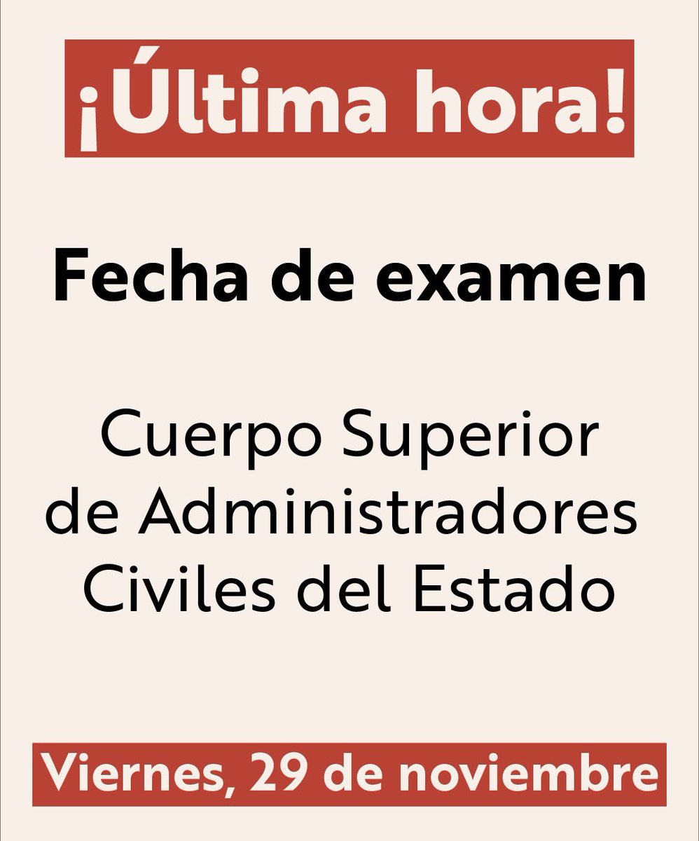 🚨Cuerpo Superior de Administradores Civiles del Estado 🚨

Ya hay fecha para el primer ejercicio de esta convocatoria:

🗓️ Viernes, 29 de noviembre
🕑 Hora: 14:00

Consulta la resolución del INAP para tener toda la información: sede.inap.gob.es/documents/5931…