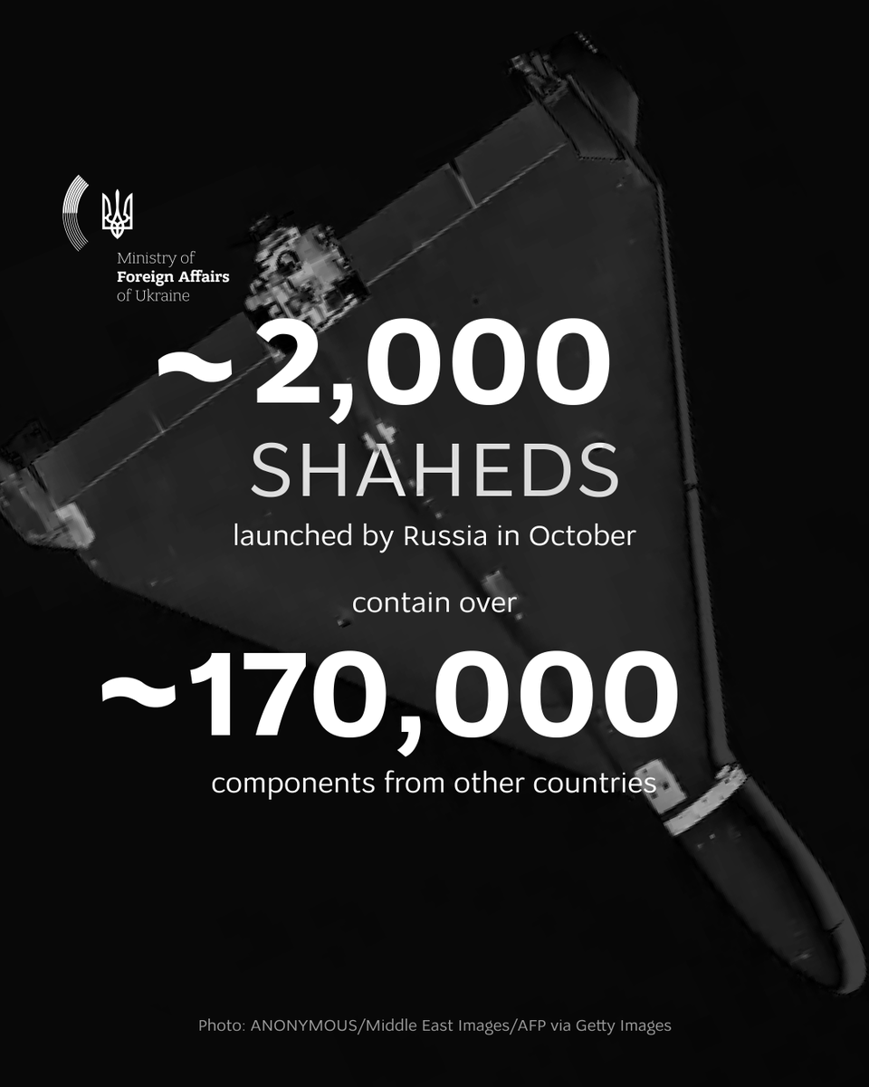 MFA_Ukraine's tweet photo. This autumn, Russia escalated its attacks on Ukrainian cities, largely deploying #Shahed drones. There is no indication they plan to stop, and one of the reasons why they can continue their terror is the usage of components from all over the world in drones and missiles. https://t.co/sJrNCj2PNn