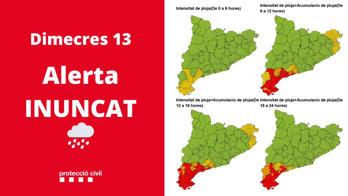 emergenciescat's tweet photo. #ProteccióCivil activem en alerta el pla #INUNCAT per les pluges intenses previstes avui i sobretot demà al terç sud de Catalunya

#alertaCAT

Nota de premsa: https://t.co/QLmllwqYvU https://t.co/u2MqdhnfwC