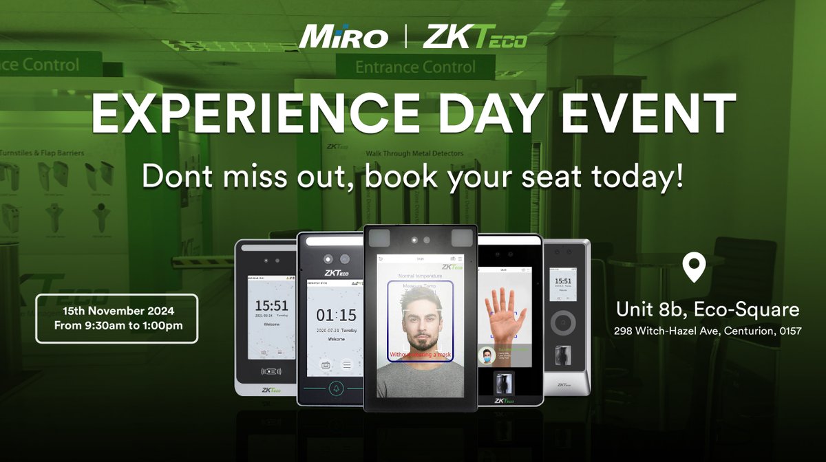 MiroDistributor's tweet image. Seats are filling up fast - secure yours now!

Join us for the MiRO x ZKTeco South Africa Exclusive Event on 15 November 2024, from 9:30 AM to 1:00 PM at the ZKTeco Experience Centre, Centurion.

Don’t miss this chance to get ahead—register now 👉🏼shorturl.at/ctd3f