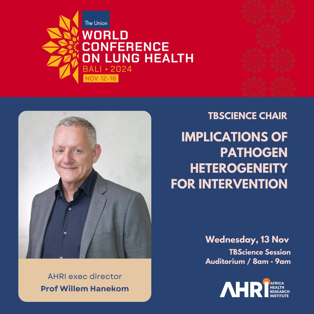 If you are at #UnionConf2024 don't miss the opening session for TBScience tomorrow; chaired by AHRI's exec director Prof <a href="/WillemAHanekom/">Willem Hanekom</a> and featuring talks from Dr Yashodhan Nair <a href="/BrighamWomens/">Brigham and Women's Hospital</a> Dr Clare Smith <a href="/TassieClare/">Smith</a> <a href="/DukeMGM/">DukeMGM</a> &amp; Dr Cheng Bei <a href="/FudanUni/">Fudan University</a> 

#endTB #stopTB