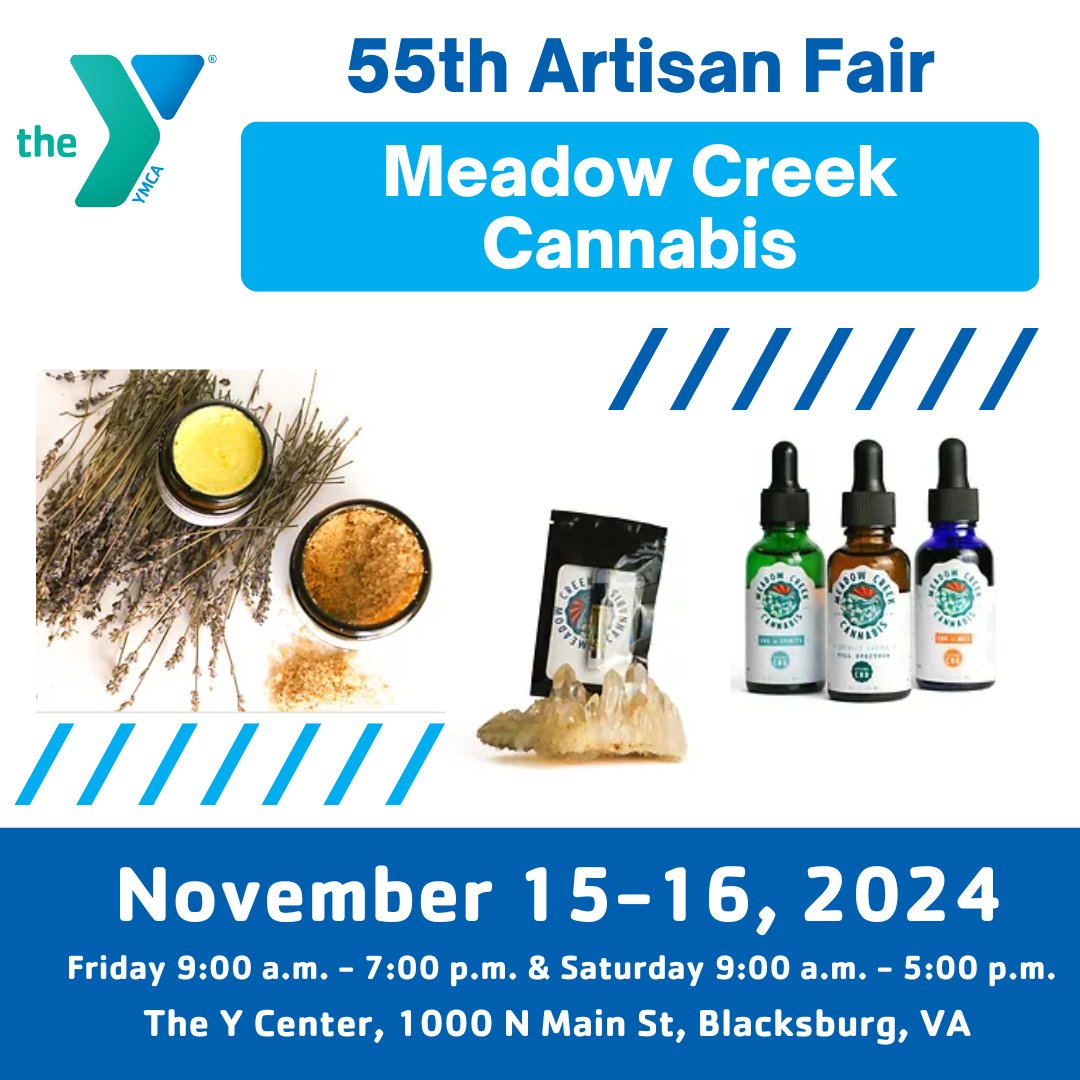 vtymca's tweet image. Meet Your Vendors!
Meadow Creek Cannabis from Floyd, VA, will be at the YMCA&apos;s 55th Artisan Fair! Discover herbal remedies and locally grown, CBG-rich hemp products—all organic and crafted with care.

🗓️ Nov 15-16
📍 YMCA Thrift
#YMCAArtisanFair #ShopLocal