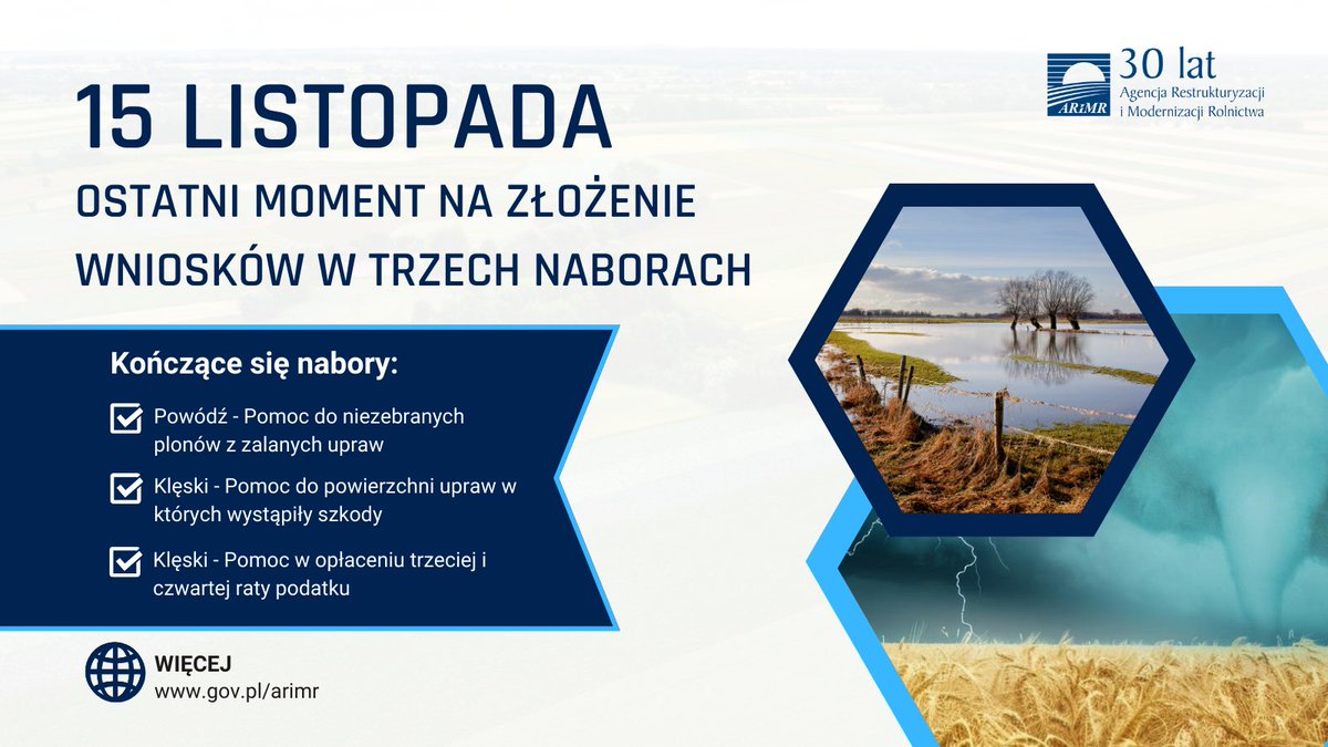 ARiMR_GOV_PL's tweet photo. 💧❄️⛈️Coraz mniej czasu na ubieganie się o wsparcie mają producenci rolni, których uprawy zostały zniszczone w wyniku wystąpienia anomalii pogodowych.
💻Wnioski w ramach wszystkich naborów są przyjmowane do 15 listopada br. za przez PUE #ARiMR.
👉https://t.co/udhuX9wdTS https://t.co/dow4iBRZUS