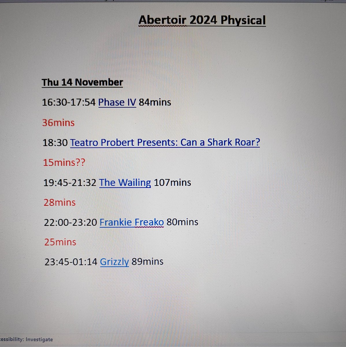 Mogman_cometh's tweet photo. (after a small edit) here's my time schedule for @AbertoirFest this coming weekend, some big breaks on Saturday, running on caffeine for the rest 🤣
These are approx times...as know for always running on time 😉
#filmfestival
#wales
#horror
#horrorfilms
#HorrorCommunity https://t.co/7mT2gkG1PT