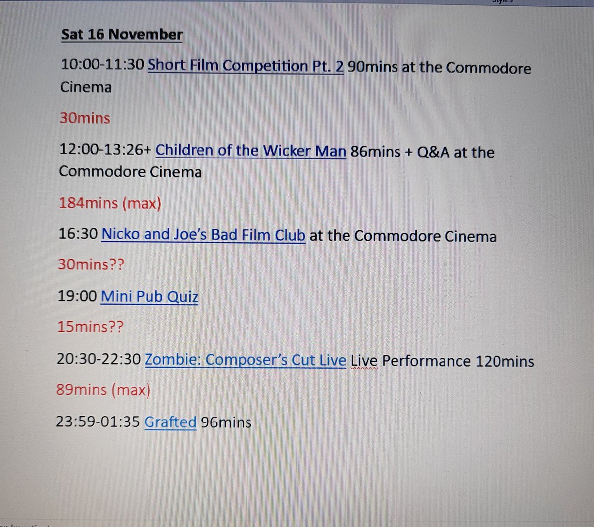 Mogman_cometh's tweet photo. (after a small edit) here's my time schedule for @AbertoirFest this coming weekend, some big breaks on Saturday, running on caffeine for the rest 🤣
These are approx times...as know for always running on time 😉
#filmfestival
#wales
#horror
#horrorfilms
#HorrorCommunity https://t.co/7mT2gkG1PT