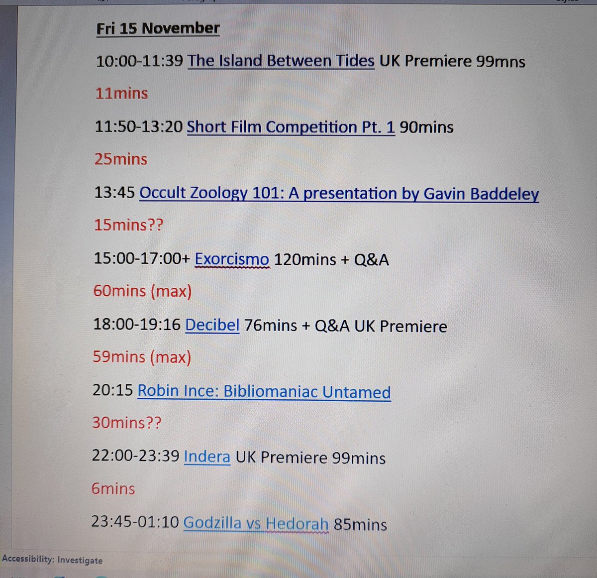 Mogman_cometh's tweet photo. (after a small edit) here's my time schedule for @AbertoirFest this coming weekend, some big breaks on Saturday, running on caffeine for the rest 🤣
These are approx times...as know for always running on time 😉
#filmfestival
#wales
#horror
#horrorfilms
#HorrorCommunity https://t.co/7mT2gkG1PT