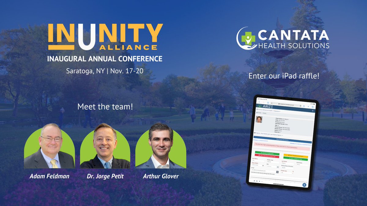 Cantata_Health's tweet photo. Adam, Jorge, and Arthur are representing Cantata in #Saratoga next week for the Inaugural InUnity Alliance Conference! Stop our booth and enter our raffle for the chance to win a new iPad!
#InUnity #BehavioralHealth #AddictionTreatment #HealthIT #EHR #ElevateCare https://t.co/kPRwrwM3IH