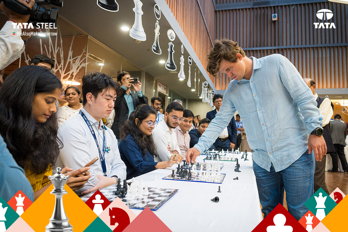 TataSteelLtd's tweet photo. A grand start to the Tata Steel Chess India Tournament as the grandmasters took a moment to connect with the Tata Steel fraternity, sharing the board for an exciting round of friendly Simul matches. It was a day filled with camaraderie, strategy, and learning, as our employees got the rare chance to play with some of the best minds in the world of chess. 

Are you all set for the tournament kick-off in Kolkata tomorrow? 🏆 

#TataSteel #WeAlsoMakeTomorrow #TataSteelChessIndia #Chess #Kolkata