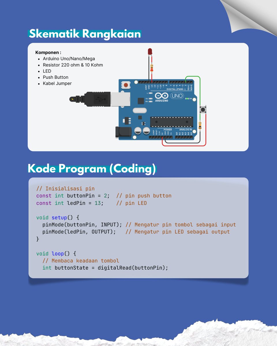 fqr_aaa's tweet image. Project Arduino #4 Kendali LED dengan Push Button-1. #arduino #arduinoproject #codinguntukpemula #elektronika #pushbutton