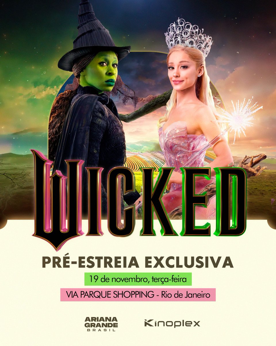 arianagrandebr's tweet image. 🚨🚨🚨 PRÉ-ESTREIA EXCLUSIVA DO ARIANA GRANDE BRASIL!

Em parceria com o Kinoplex, o AGBR fará uma sessão antecipada especial de Wicked no RJ no dia 19 de novembro, com lugar para 380 fãs.

Quer ter a chance de participar? Dê RT neste tweet e preencha o formulário na nossa bio.