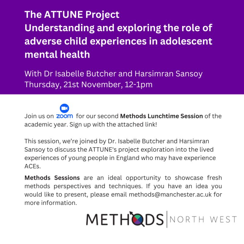AttuneProject's tweet photo. 🌟 Excited to share that the ATTUNE Project will be presenting how creative arts-based approaches help explore young people's mental health at the #MethodsNW Lunchtime Session. Join us on 21st November, 12-1 PM, to learn more about our innovative methods. #YouthMentalHealth https://t.co/gyYOemkWd3