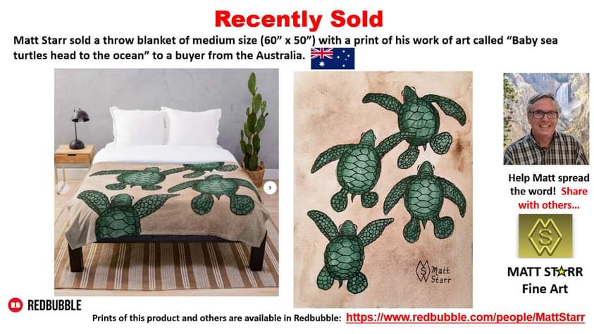 MattStarrFineA1's tweet image. I recently sold a throw blanket of medium size (60” x 50”) with a print of my work of art called “Baby sea turtles head to the ocean” to a buyer from Australia in my Redbubble art shop. redbubble.com/shop/ap/161210… 
#mattstarrfineart #gift #throwblanket #blanket #turtle #turtles